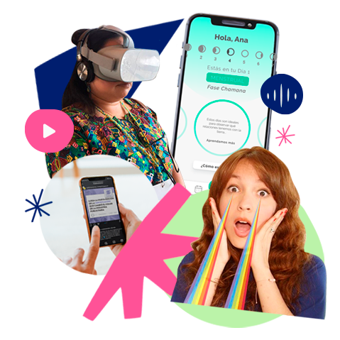 Composition of several images and illustrative icons. In the background, a cellphone with an application saying -Hello, Ana-, a woman wearing virtual reality glasses, a hand holding a cellphone with an Instagram post, a woman with a surprised expression and rainbow rays emanating from her eyes, and icons such as sound and video playback.