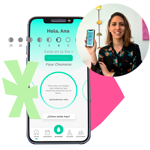 Mujer sosteniendo celular con la aplicación lunar app abierta. Por delante un celular con la misma aplicación que dice “Hola, Ana” y  datos del ciclo menstrual. Varios iconos de colores acompañan alrededor.