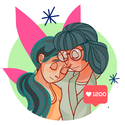 Illustration of a girl tenderly hugging a lady wearing glasses. Various illustrative icons make up the whole image, including a notification with 1200 likes.