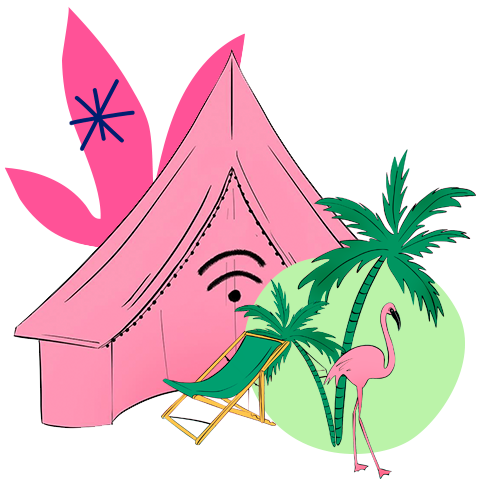 Ilustración de una tienda rosa con el un icono de wifi por delante. Acompañado de una hamaca de playa, unas palmeras y un flamenco rosa. 