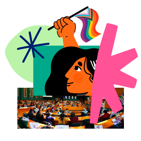 Composition with the profile of a woman holding an LGBTQ+ flag, an image of a filled Senate chamber. Various illustrative icons around.